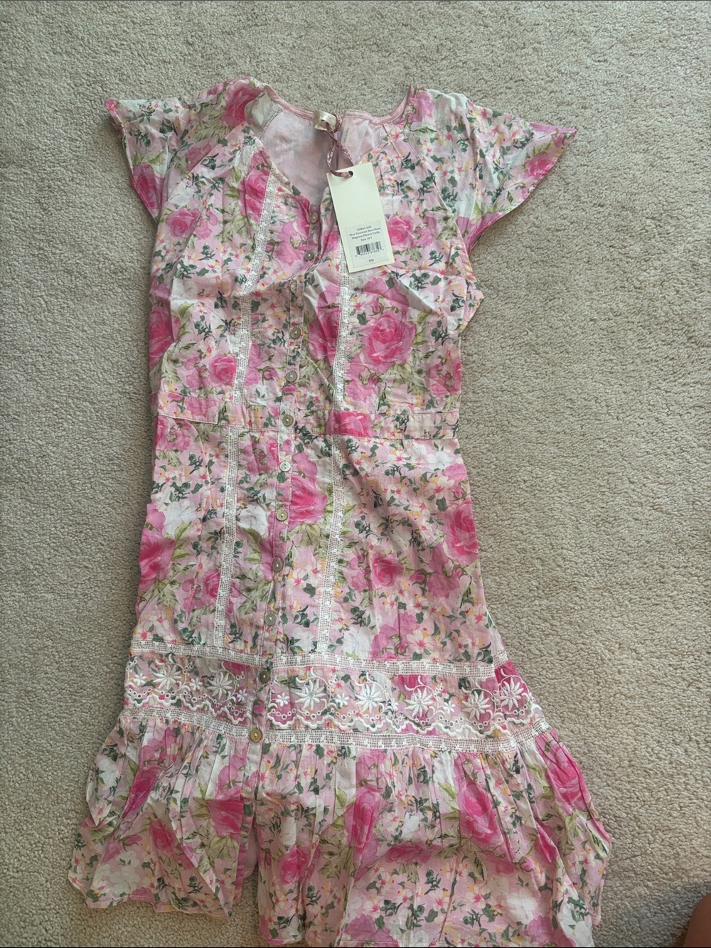 LoveShackFancy Pink Floral Cotton Dress with Lace Accents